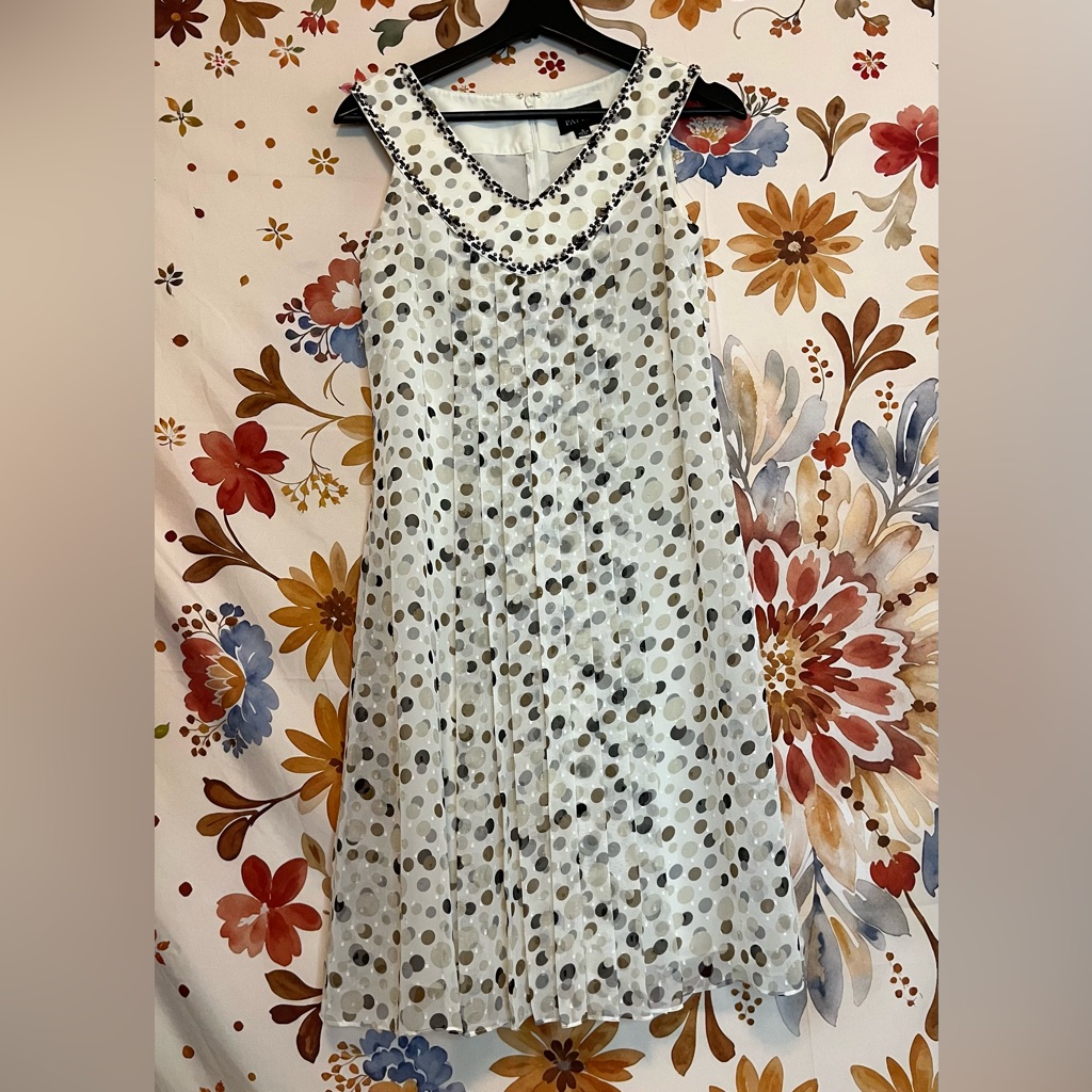 Adrianna Papell Women 4 Dress White Tan Black Mcm Style Mod Swiss Dot Sleeveless